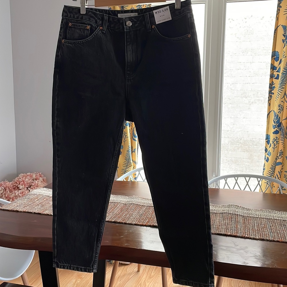 Topshop high waisted tapered leg mom jeans size 32 petite in washed black
